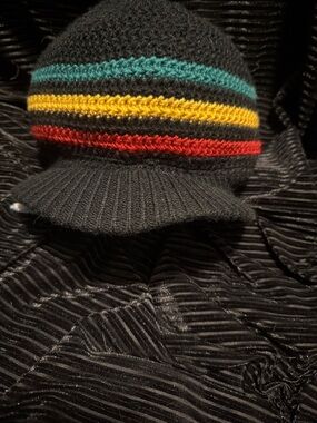 Black Knit Visor Beanie with Red, Yellow & Teal Stripes